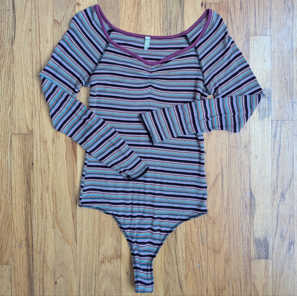 Free People Put A Stripe On It Striped Ruched Long Sleeve Body Suit